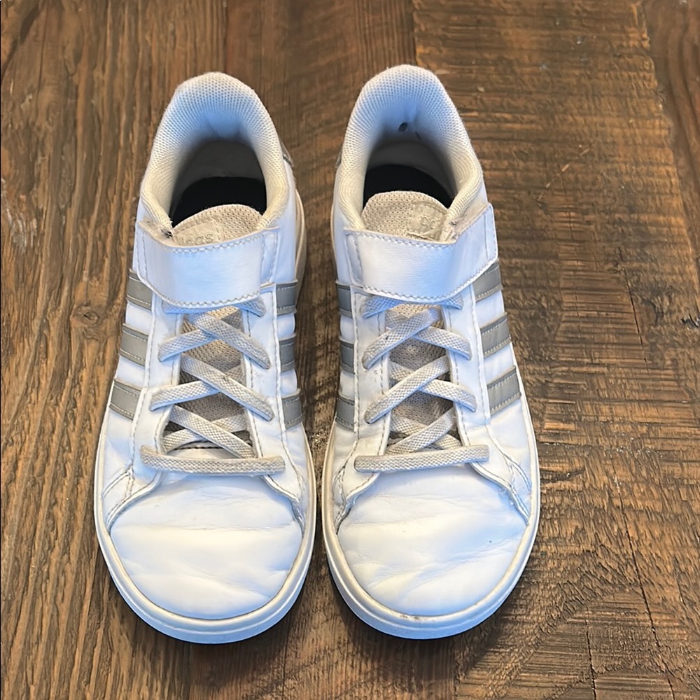 Adidas White Sneakers with Silver Stripes